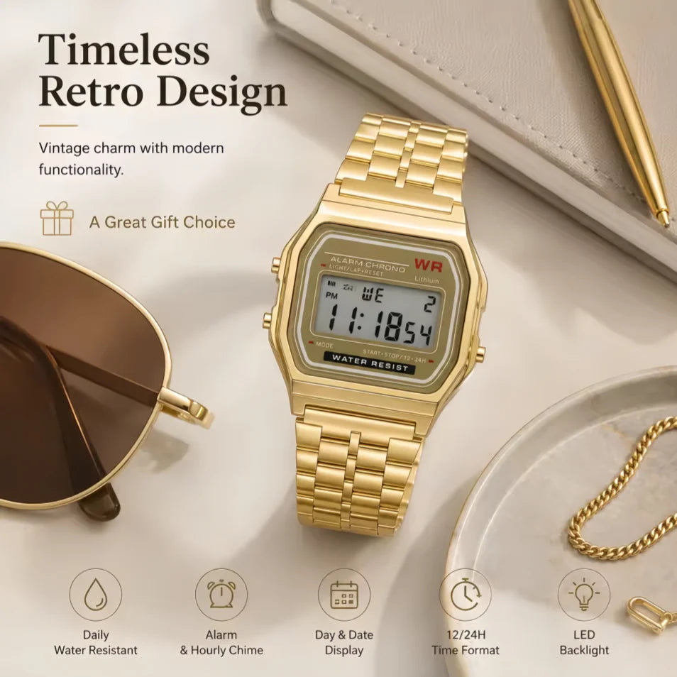 Relógio Digital LED Masculino — Aço Inoxidável Dourado, Prata e Preto