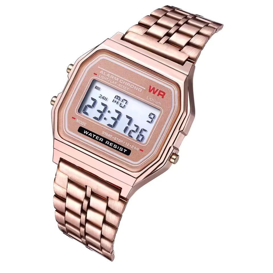 Relógio Digital LED Masculino — Aço Inoxidável Dourado, Prata e Preto