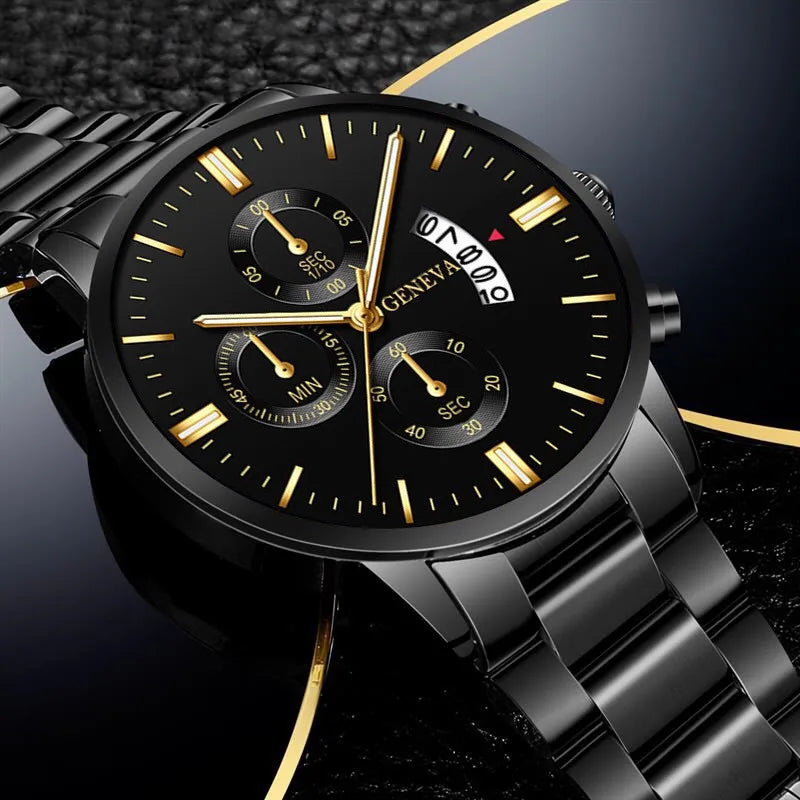 Relógio Masculino Elegante Gold & Black — Aço Inoxidável com Calendário