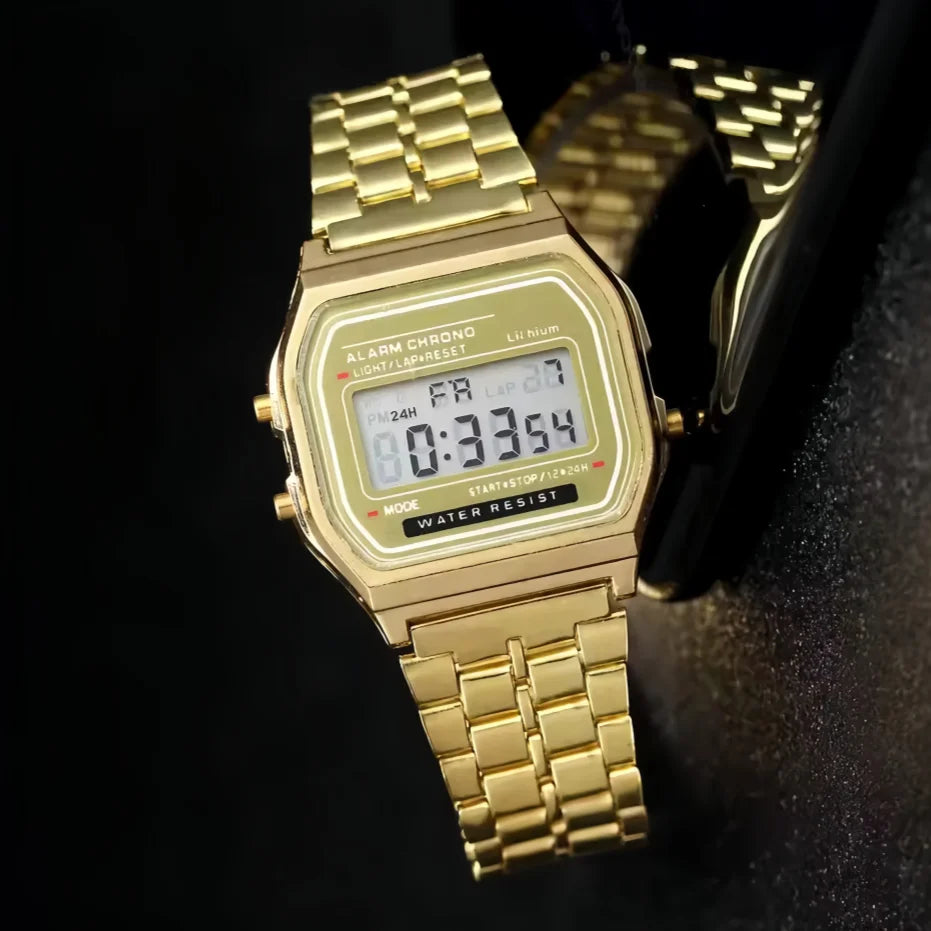 Relógio Digital LED Masculino — Aço Inoxidável Dourado, Prata e Preto