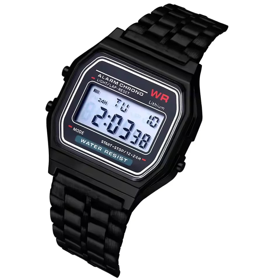 Relógio Digital LED Masculino — Aço Inoxidável Dourado, Prata e Preto