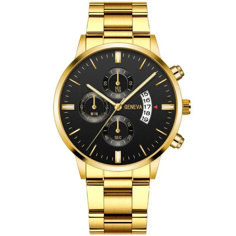 Relógio Masculino Elegante Gold & Black — Aço Inoxidável com Calendário