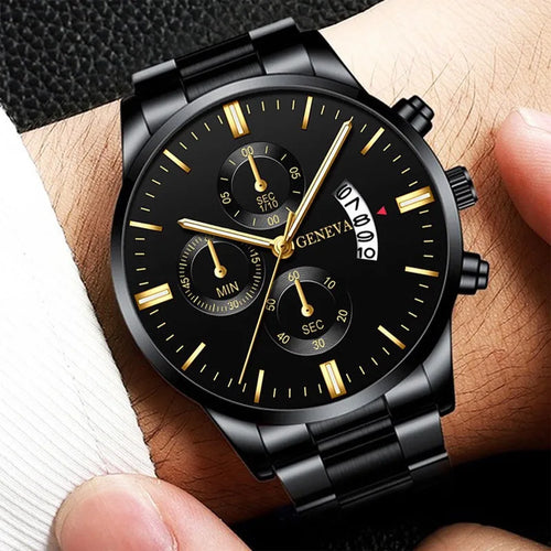 Relógio Masculino Elegante Gold & Black — Aço Inoxidável com Calendário