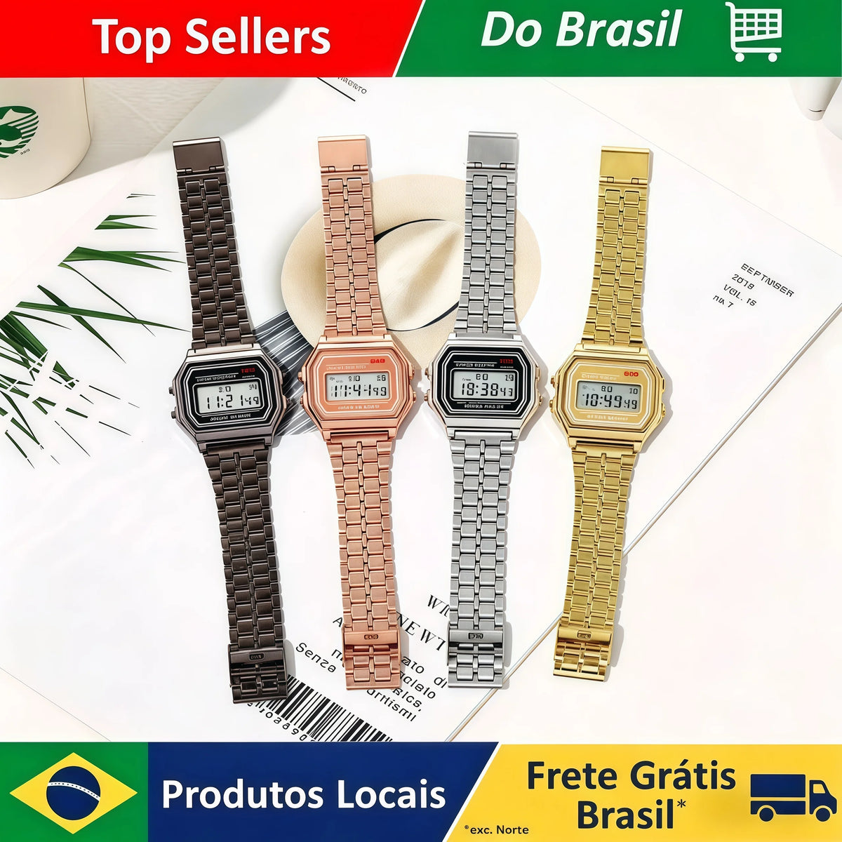 Relógio Digital LED Masculino — Aço Inoxidável Dourado, Prata e Preto