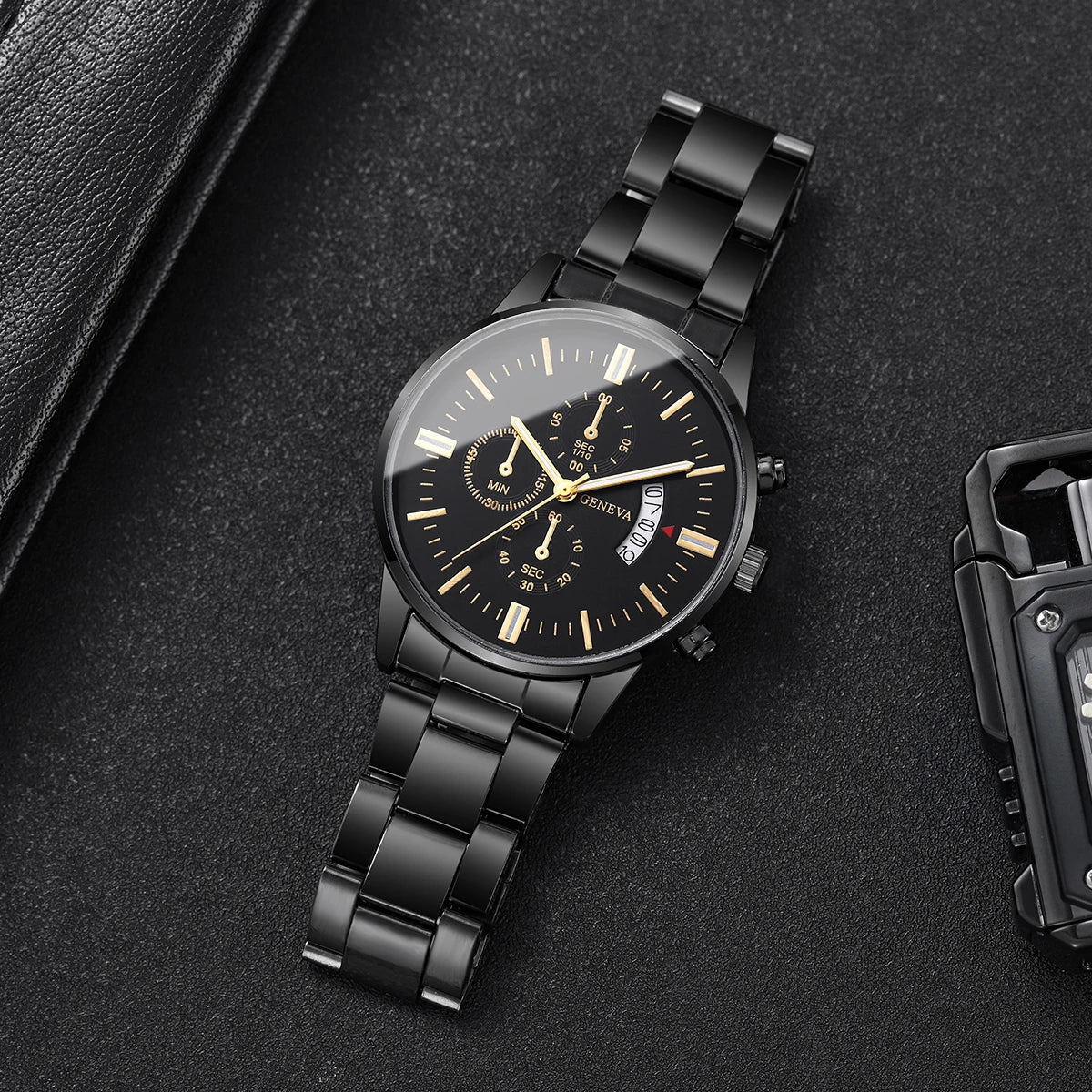 Relógio Masculino Elegante Gold & Black — Aço Inoxidável com Calendário
