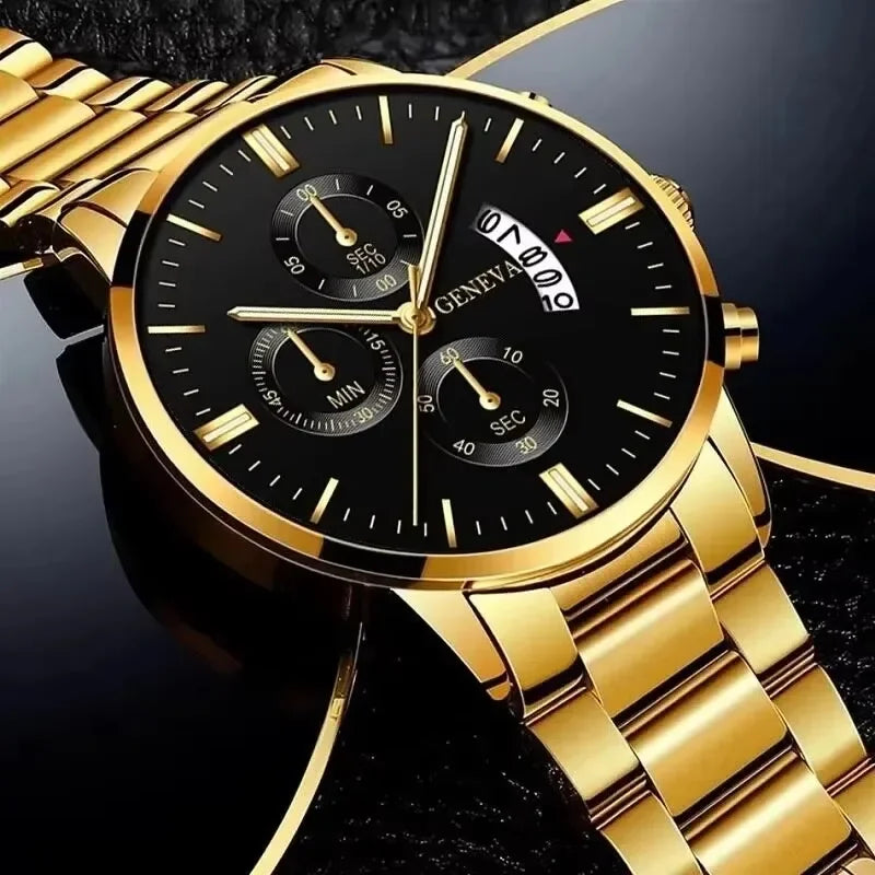 Relógio Masculino Elegante Gold & Black — Aço Inoxidável com Calendário