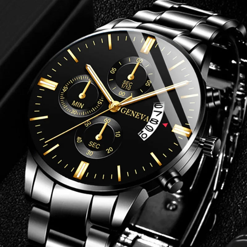 Relógio Masculino Elegante Gold & Black — Aço Inoxidável com Calendário
