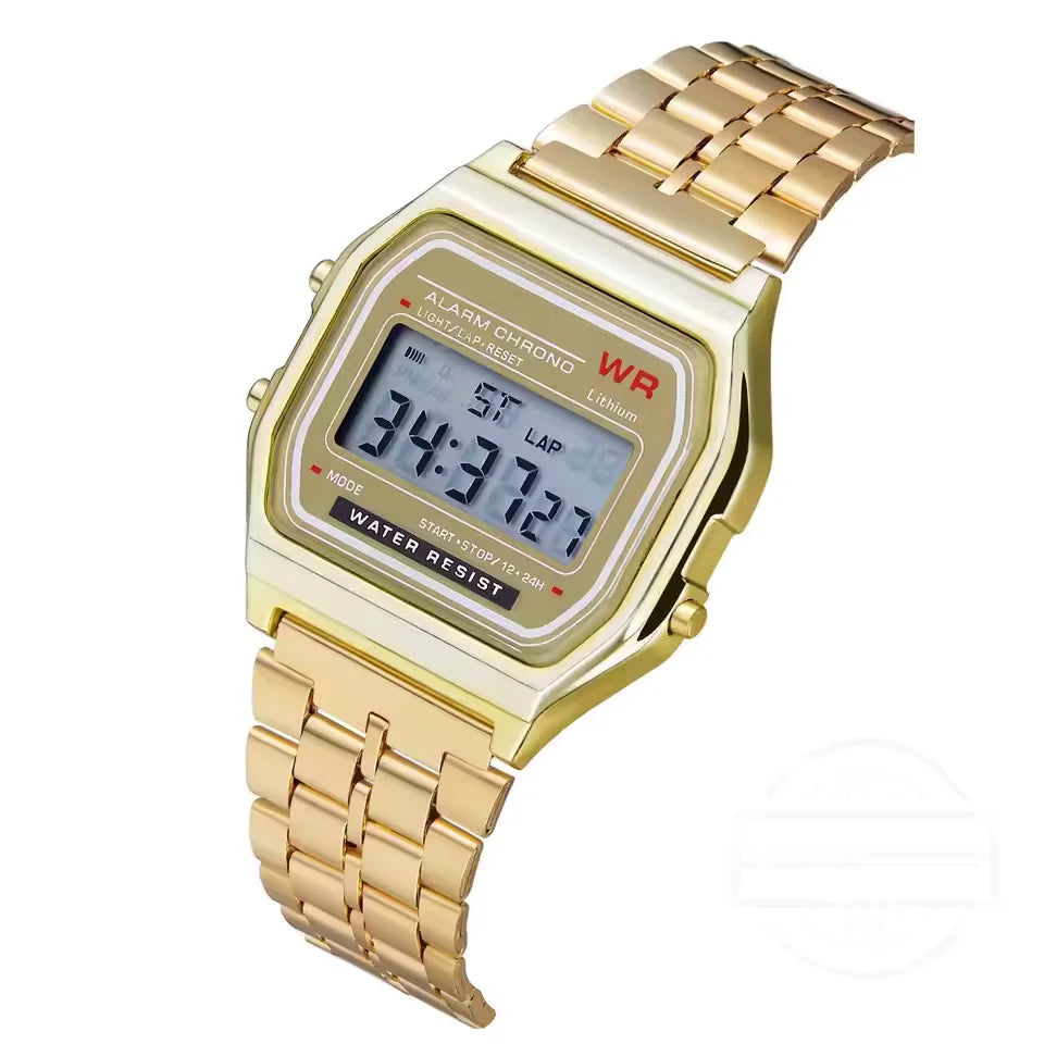Relógio Digital LED Masculino — Aço Inoxidável Dourado, Prata e Preto