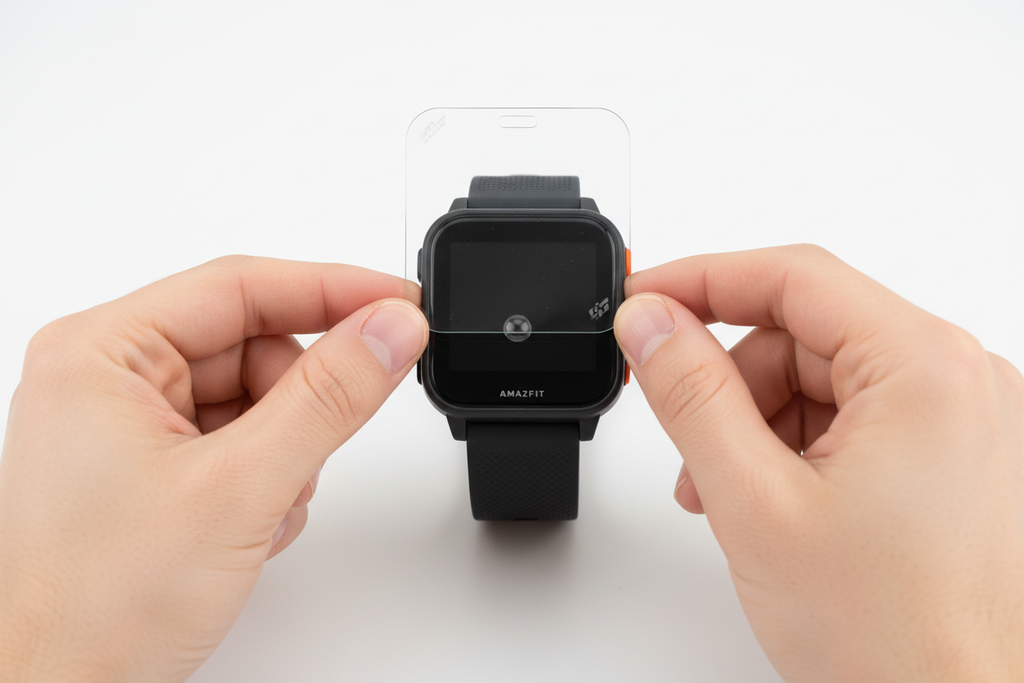 Película de vidro temperado 9H sendo aplicada no Amazfit Neo — proteção total para smartwatch