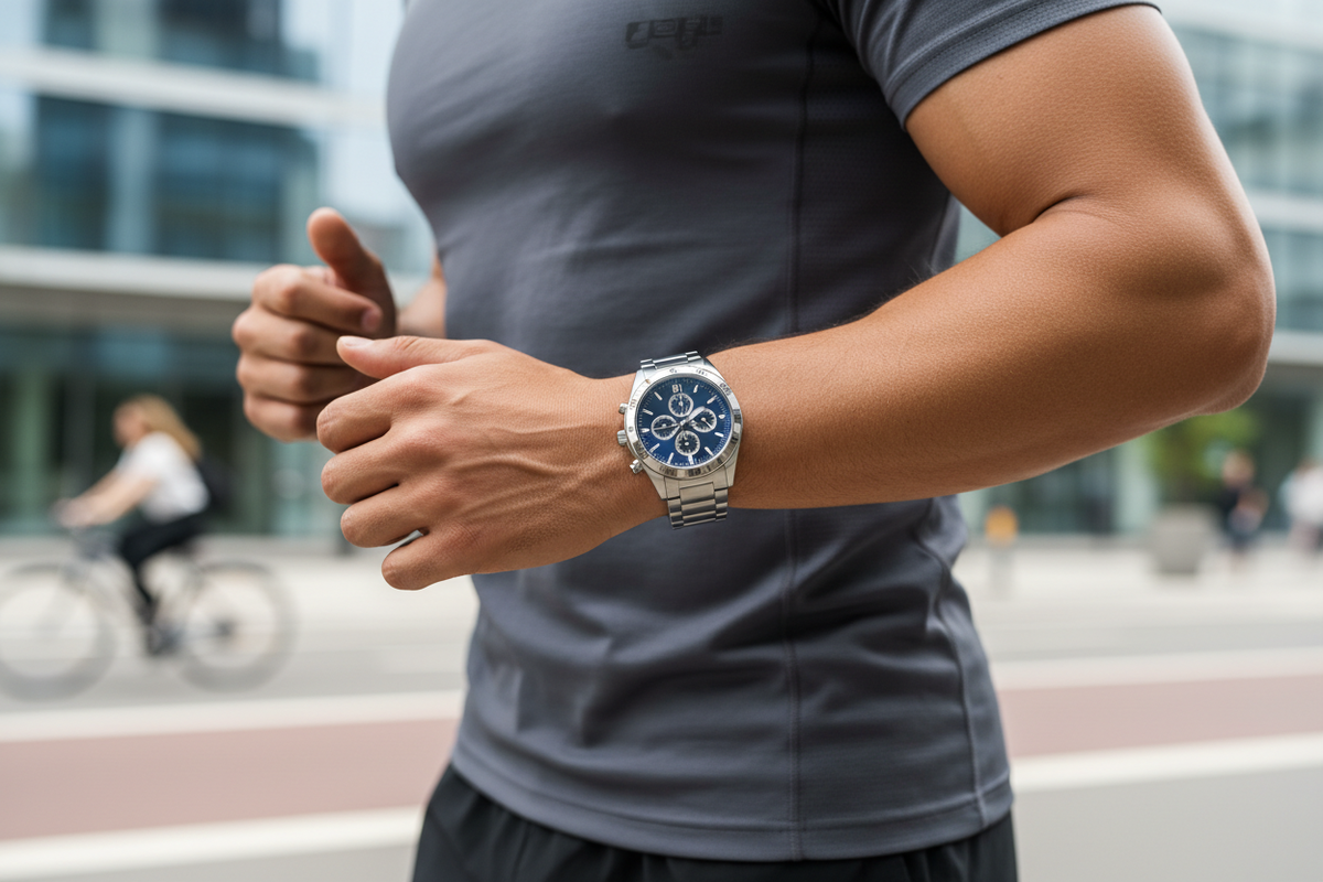 Relógio esportivo quartzo no pulso de um homem ativo — estilo casual esportivo