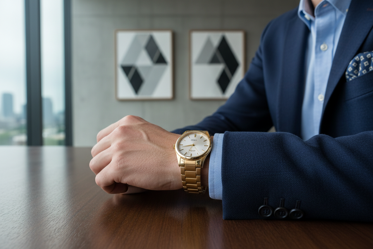 Relógio quartz dourado no pulso de um homem elegante — estilo sofisticado